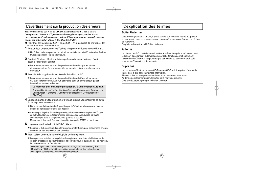 Samsung SW-224 ’explication des termes, ’avertissement sur la production des erreurs, Buffer Underrun, Autorun, Super link 