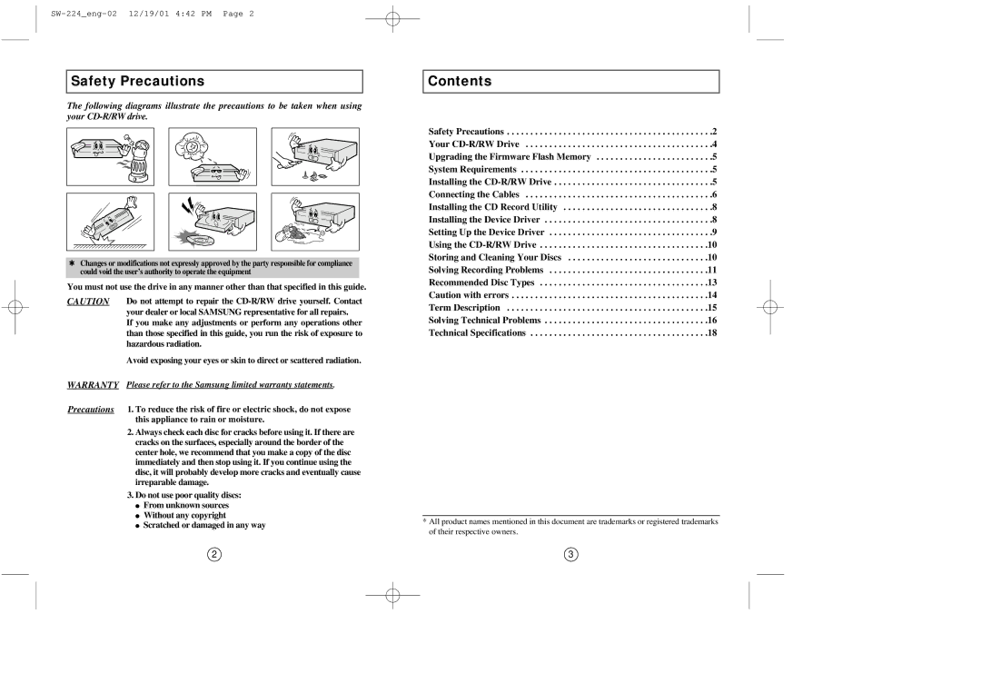 Samsung SW-224 manual Safety Precautions, Contents 