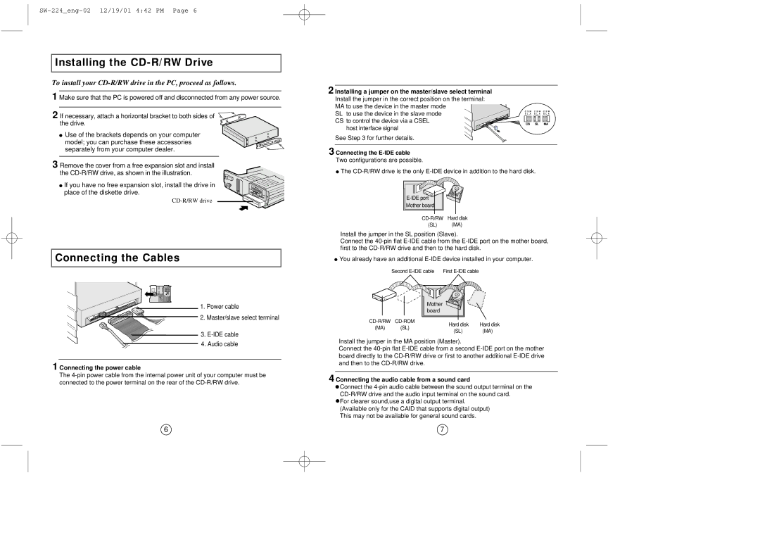 Samsung SW-224 manual Installing the CD-R/RW Drive, Connecting the Cables 