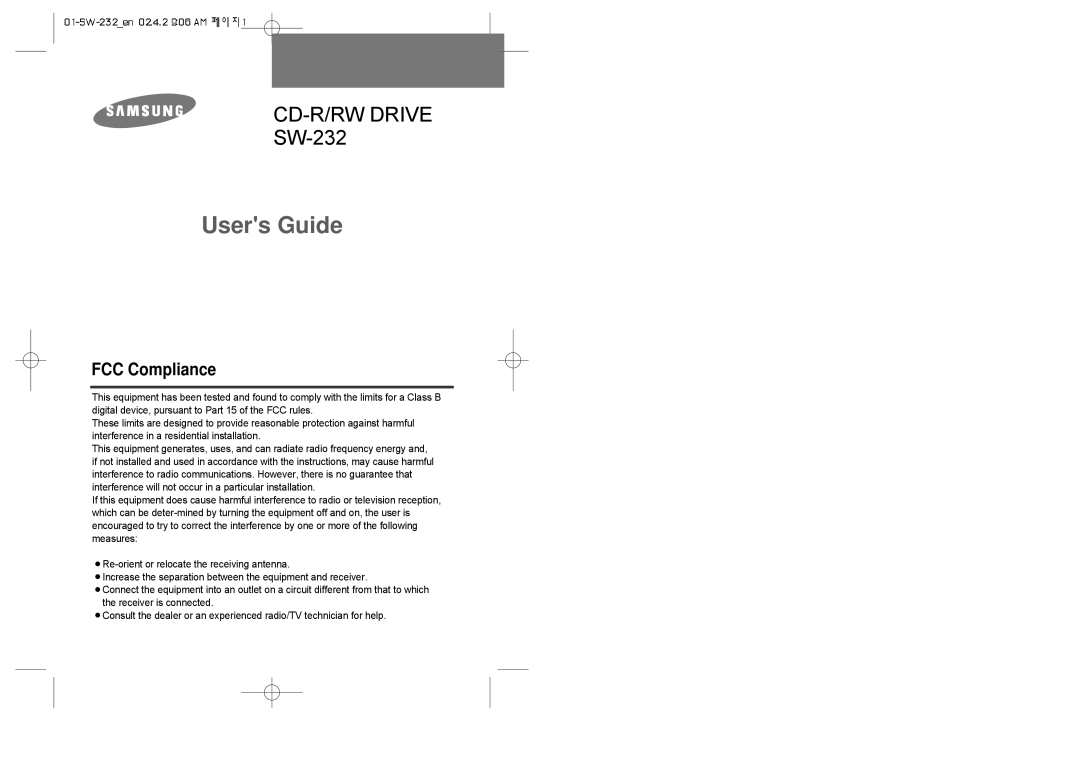 Samsung SW-232 manual Users Guide, FCC Compliance 