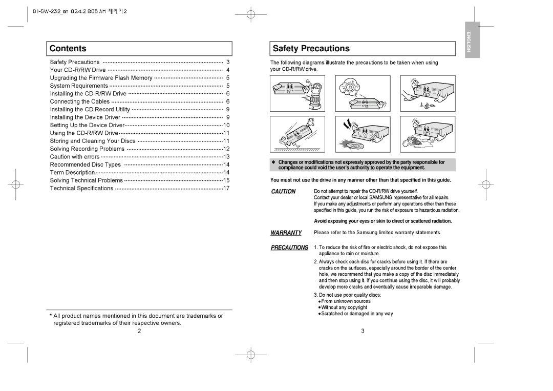 Samsung SW-232 manual Contents, Safety Precautions 