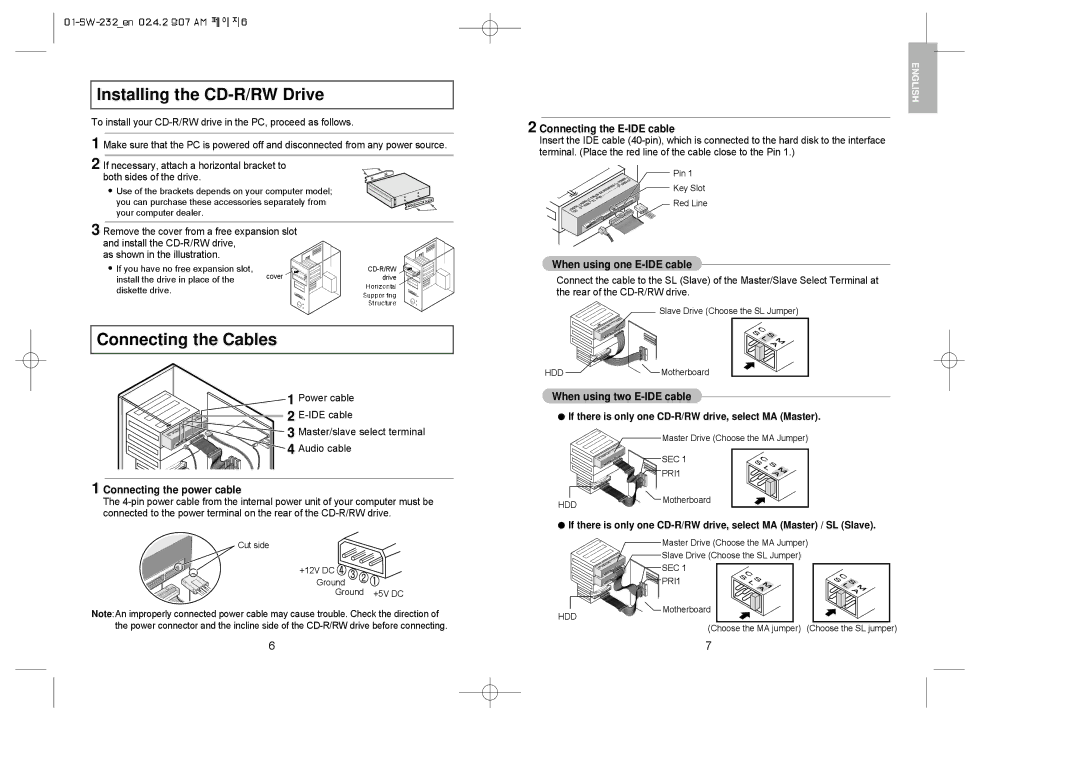 Samsung SW-232 manual Installing the CD-R/RW Drive, Connecting the Cables 