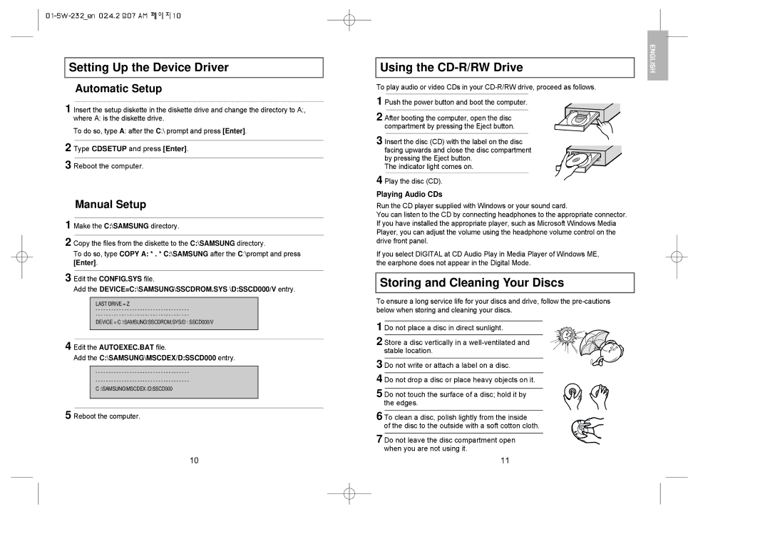 Samsung SW-232 Setting Up the Device Driver, Using the CD-R/RW Drive, Storing and Cleaning Your Discs, Automatic Setup 