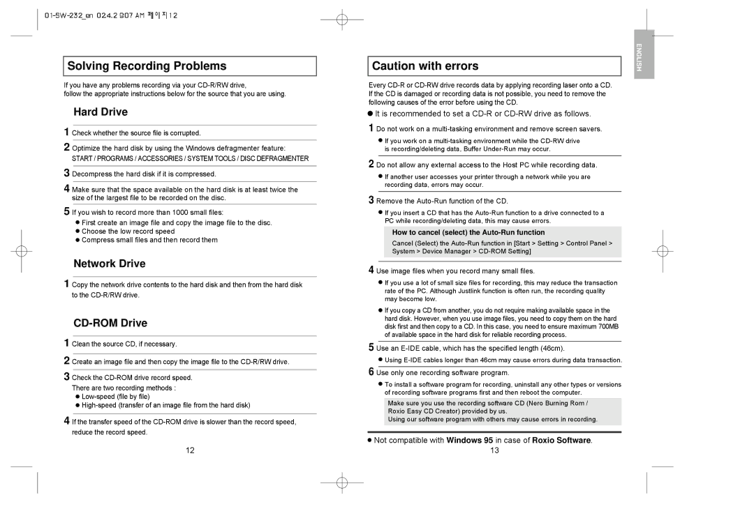 Samsung SW-232 manual It is recommended to set a CD-R or CD-RW drive as follows, How to cancel select the Auto-Run function 