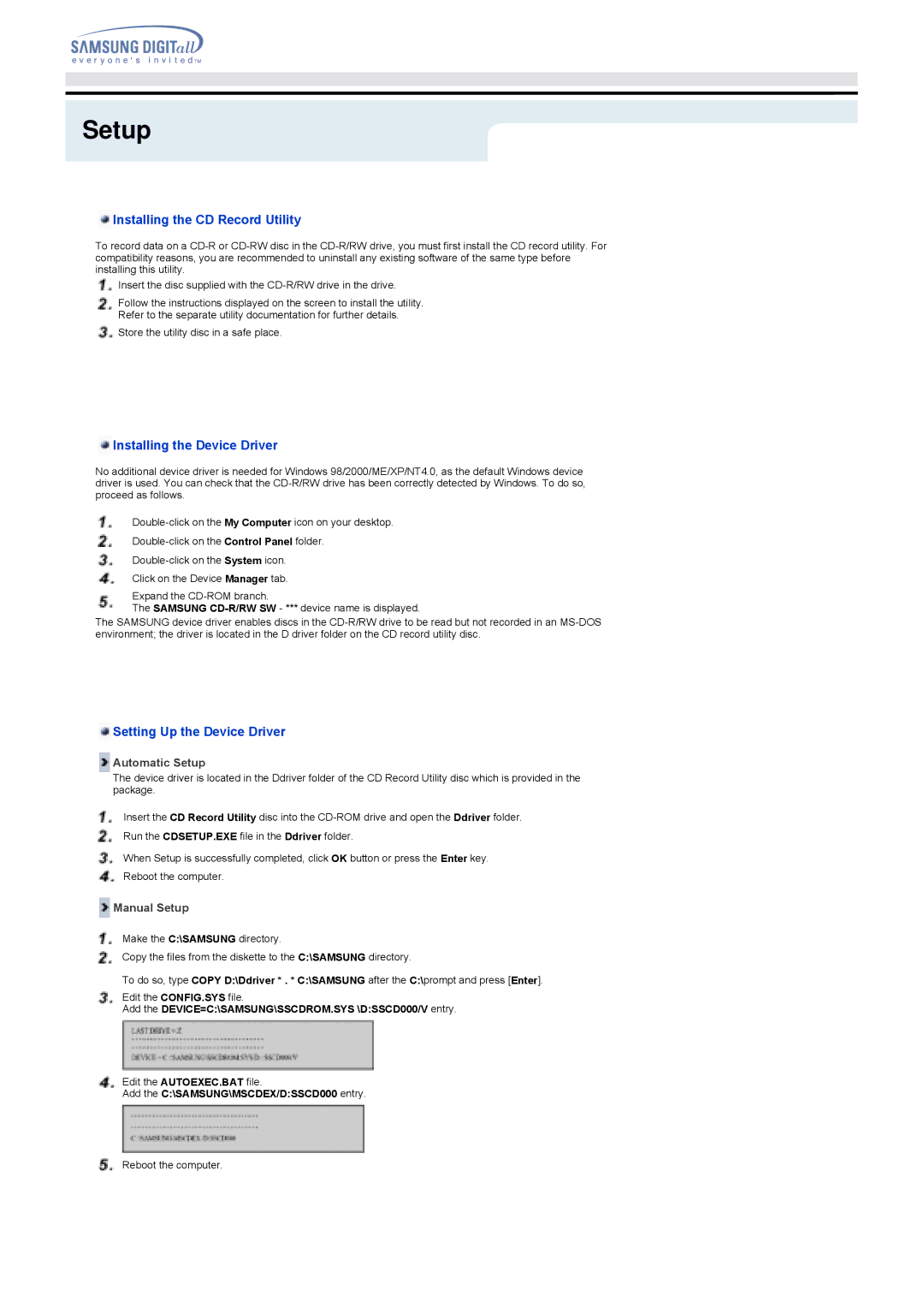 Samsung SW-248B specifications Installing the CD Record Utility, Installing the Device Driver, Setting Up the Device Driver 