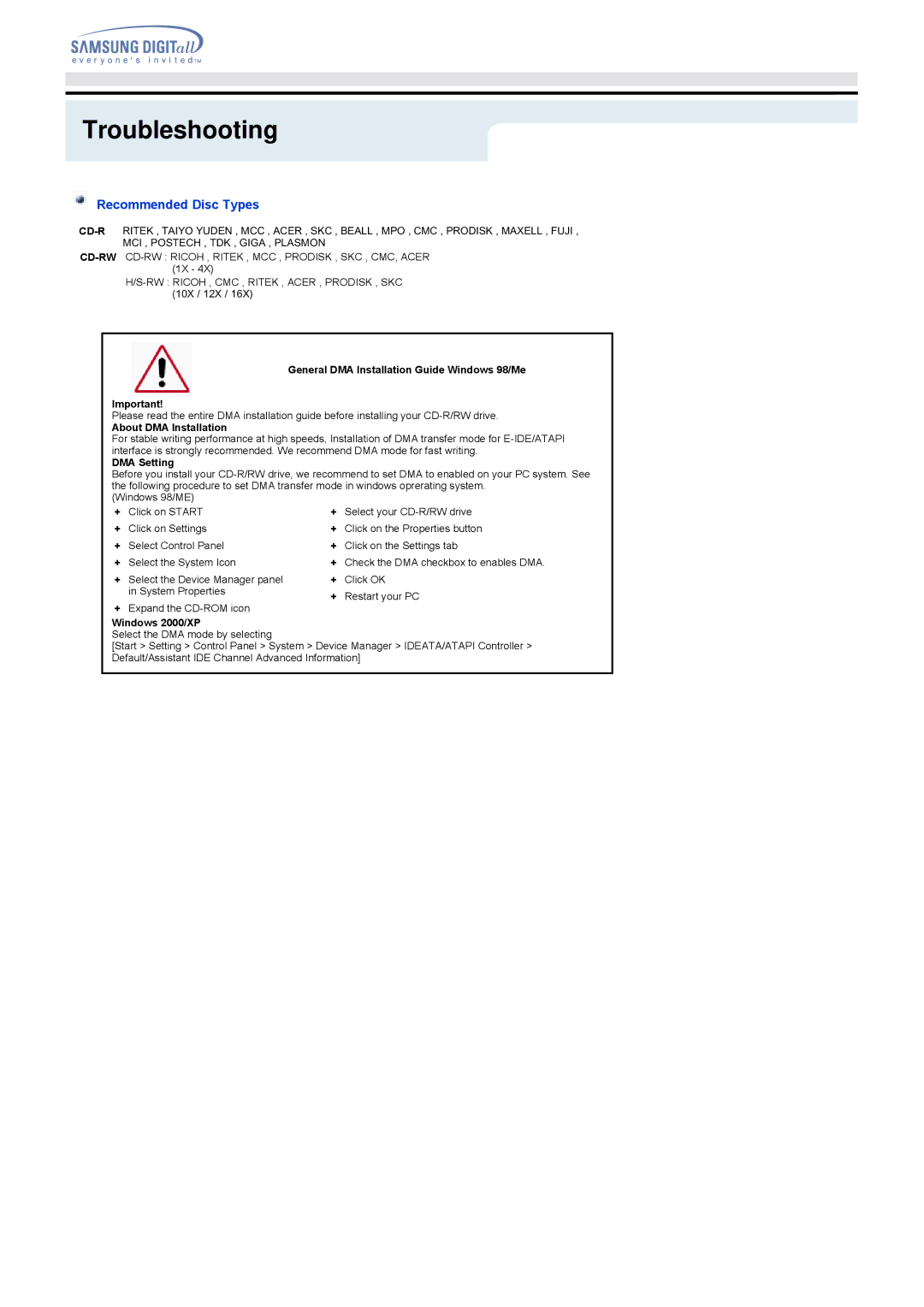 Samsung SW-248B Recommended Disc Types, General DMA Installation Guide Windows 98/Me, About DMA Installation, DMA Setting 