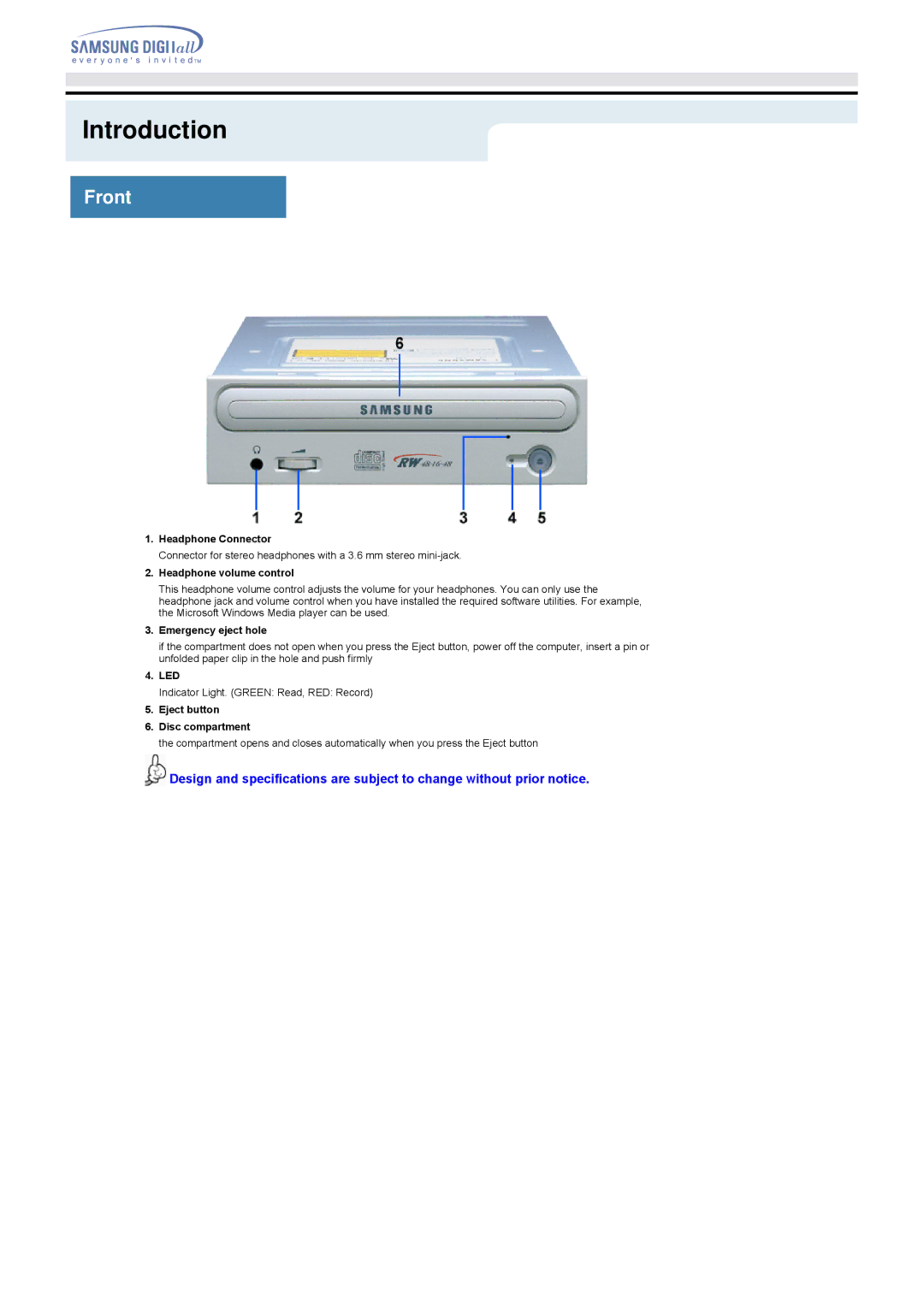 Samsung SW-248B specifications Introduction, Front 