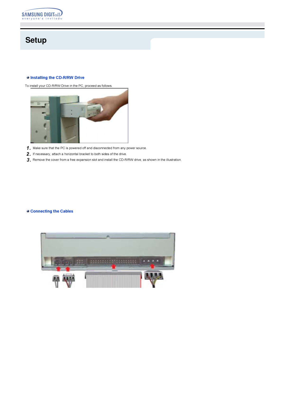 Samsung SW-248B specifications Setup, Installing the CD-R/RW Drive, Connecting the Cables 