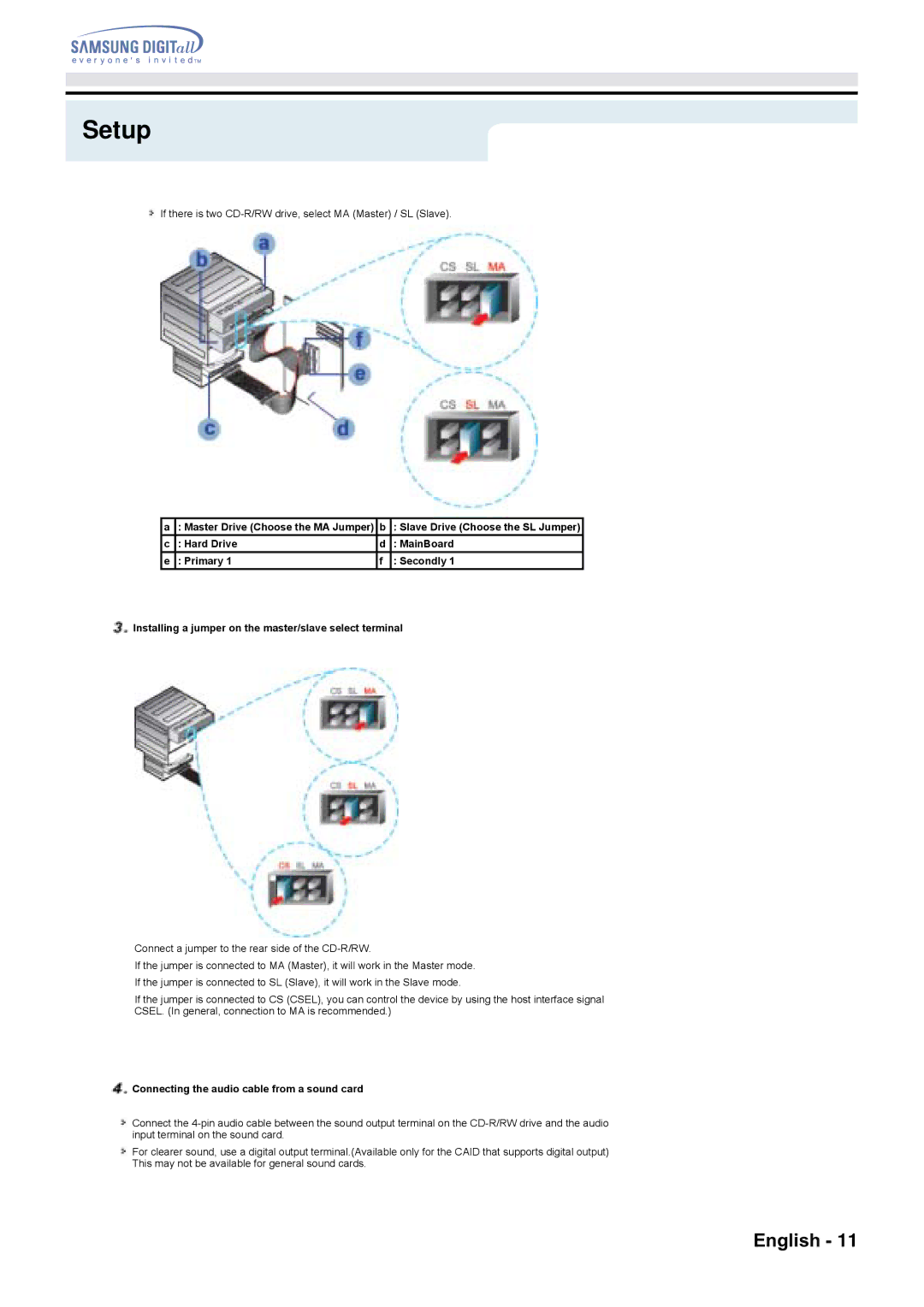 Samsung SW-248F specifications Master Drive Choose the MA Jumper b, Connecting the audio cable from a sound card 