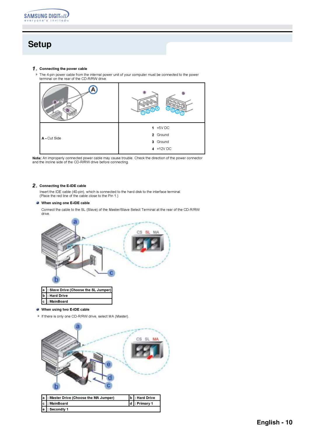 Samsung SW-248F specifications Connecting the power cable, Connecting the E-IDE cable, When using one E-IDE cable 