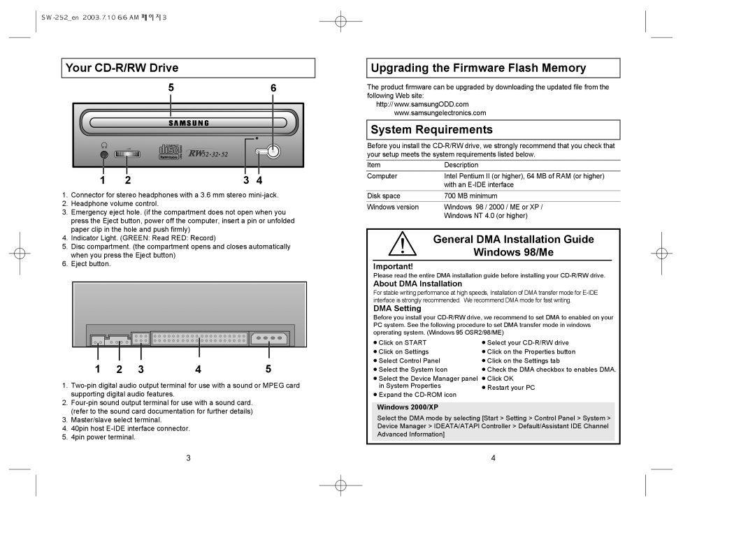 Samsung SW-252 warranty Your CD-R/RW Drive, Upgrading the Firmware Flash Memory, System Requirements, Windows 2000/XP 