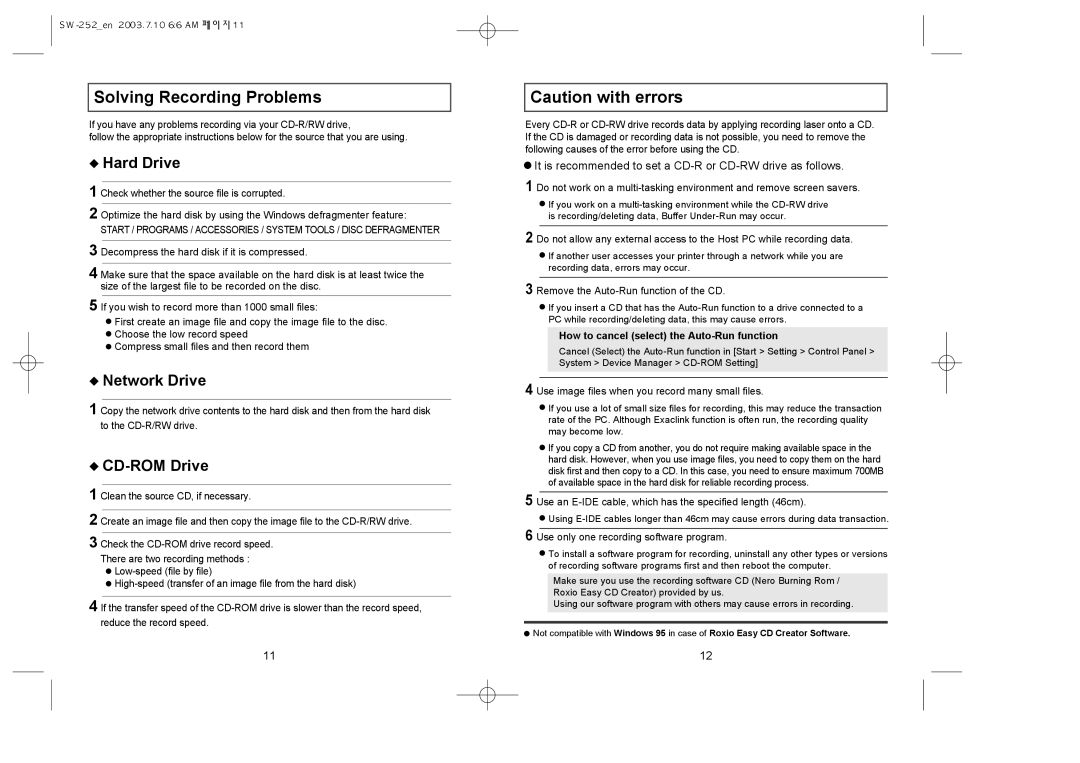 Samsung SW-252 It is recommended to set a CD-R or CD-RW drive as follows, How to cancel select the Auto-Run function 