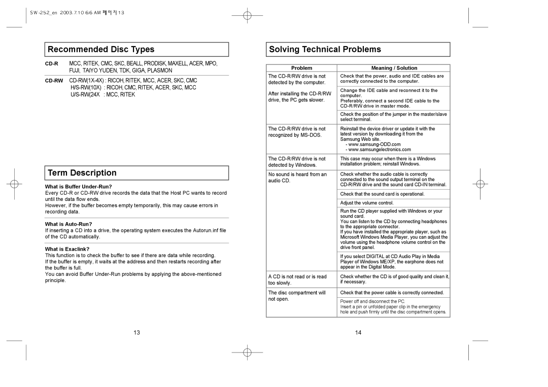 Samsung SW-252 warranty Recommended Disc Types, Term Description, Solving Technical Problems 