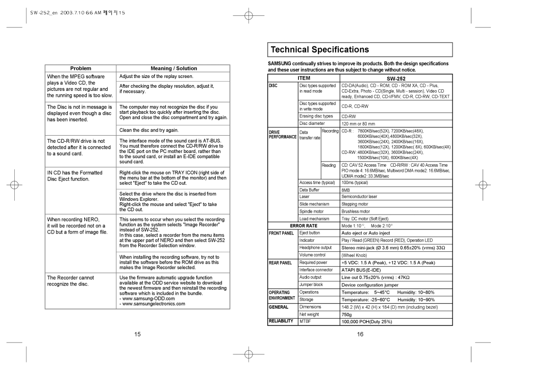 Samsung SW-252 warranty Technical Specifications 