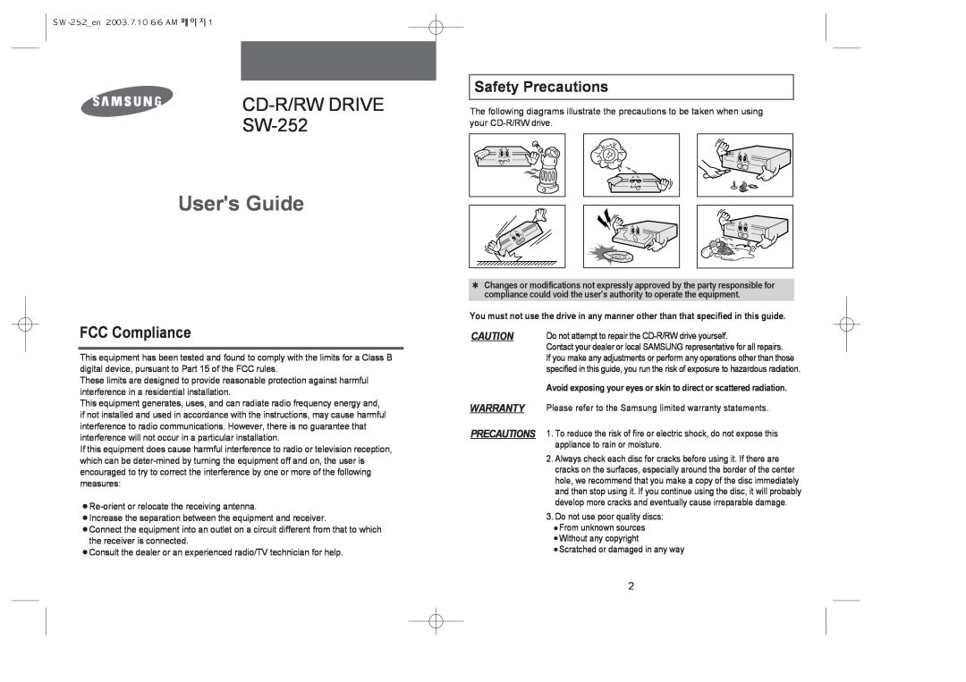 Samsung warranty Safety Precautions, FCC Compliance, Users Guide, CD-R/RWDRIVE SW-252, Warranty 