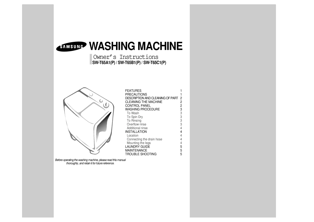 Samsung SW-T65B1(P), SW-T65A1(P), SW-T65C1(P) manual Installation, Laundry Guide Maintenance Trouble Shooting 