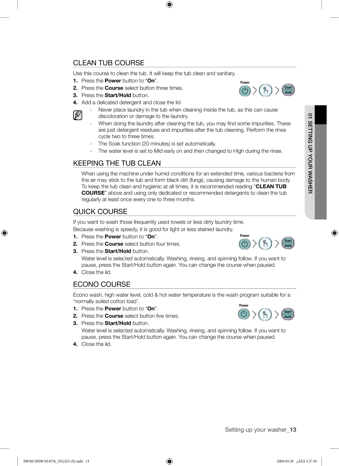 Samsung SW50USP user manual Clean TUB Course, Keeping the TUB Clean, Quick Course, Econo Course 