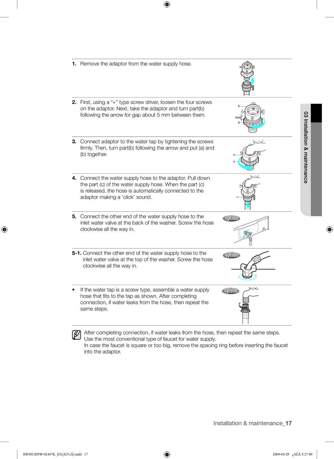 Samsung SW50USP user manual Installation & maintenance17 