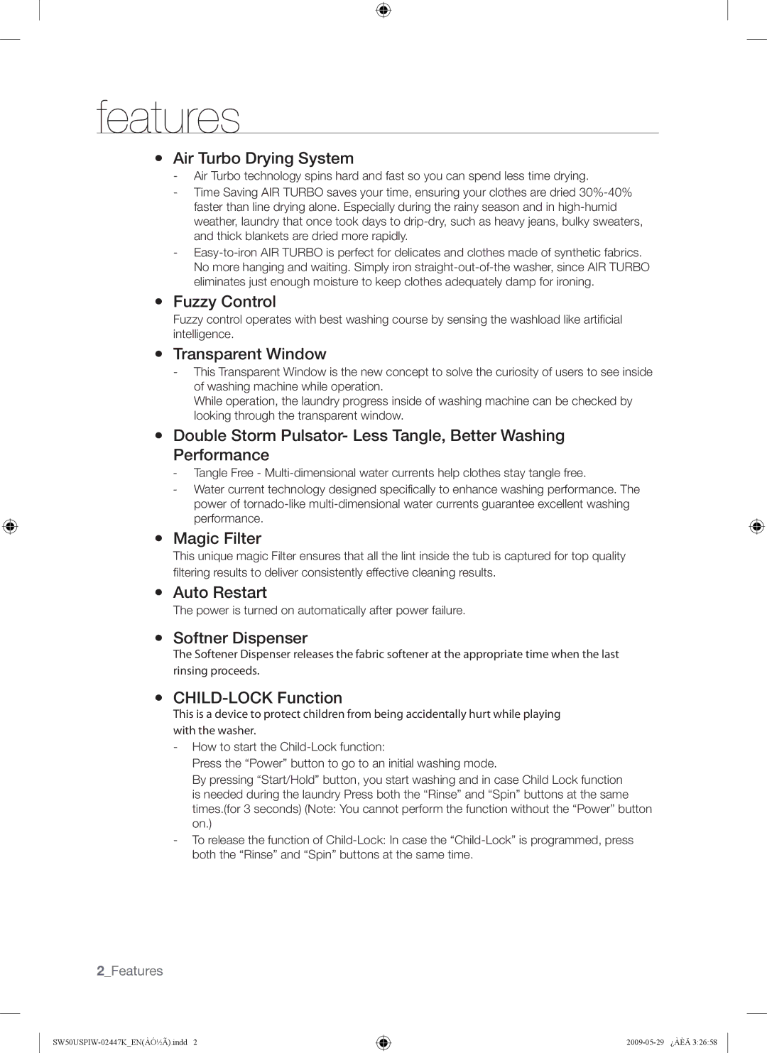 Samsung SW50USP user manual Features,  Air Turbo Drying System 