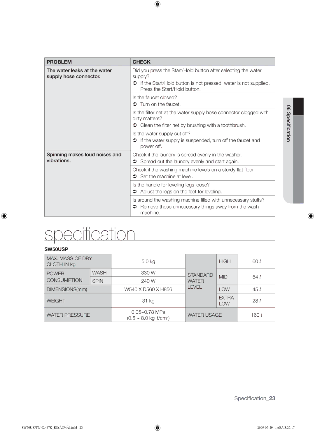 Samsung SW50USP user manual Specification 