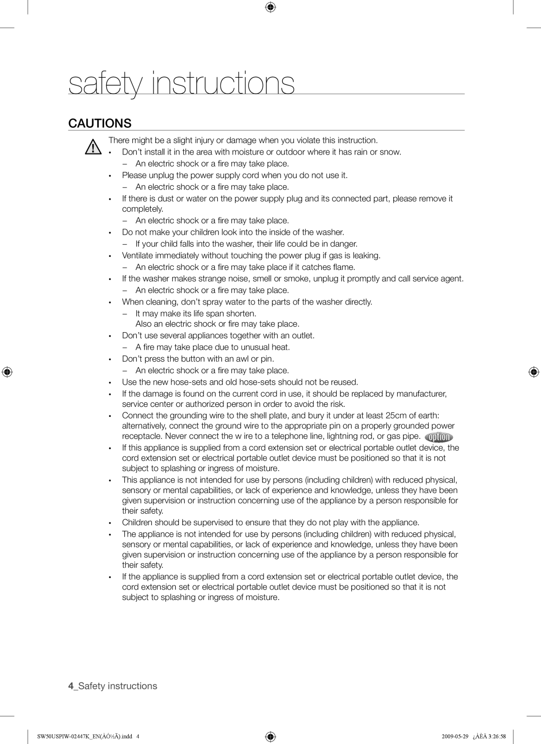 Samsung SW50USP user manual 4Safety instructions 