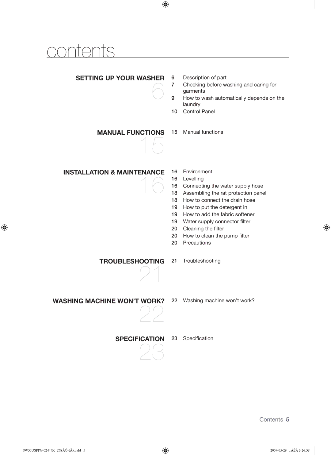 Samsung SW50USP user manual Contents 