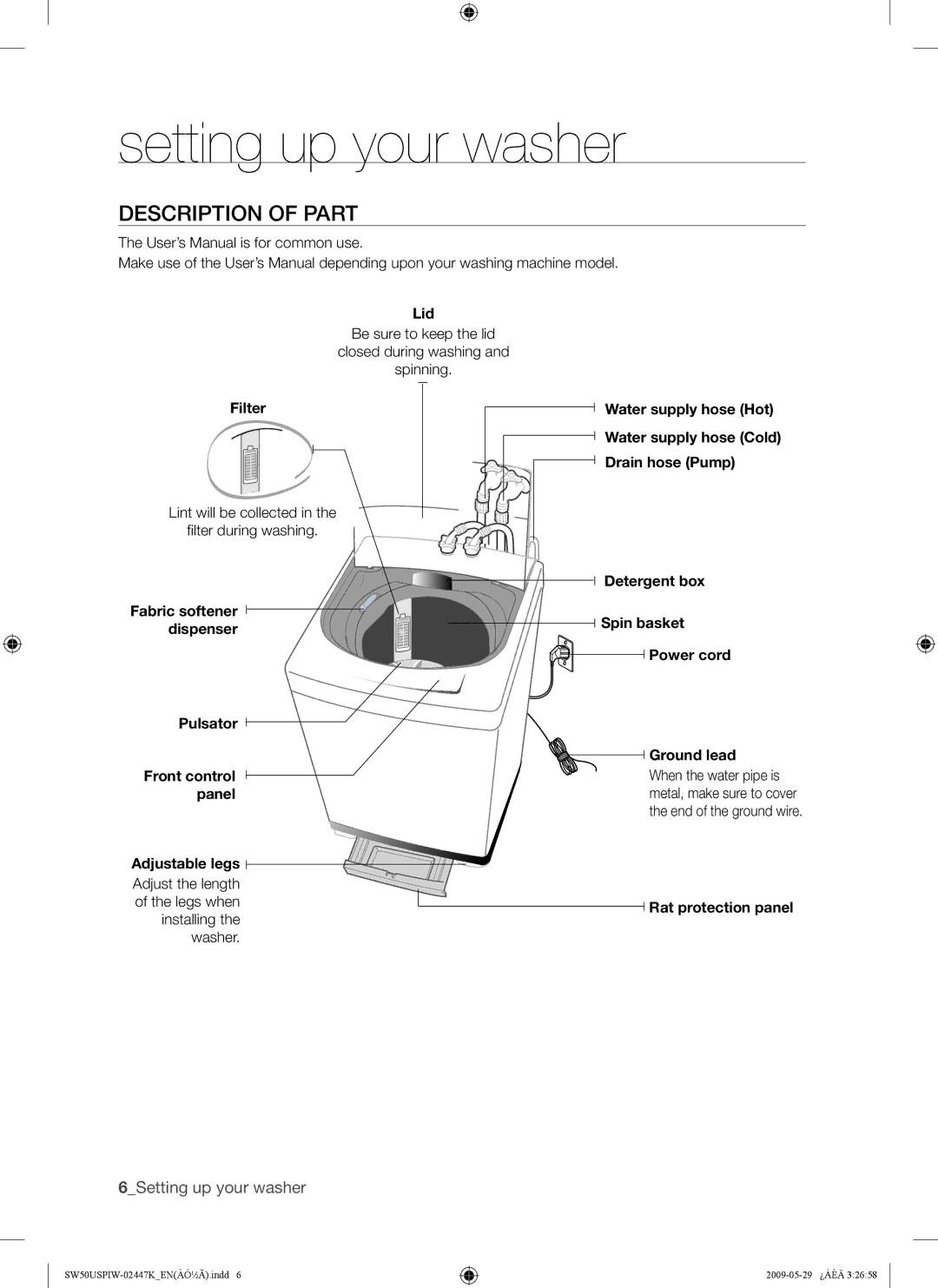 Samsung SW50USP user manual Setting up your washer, Description of Part 