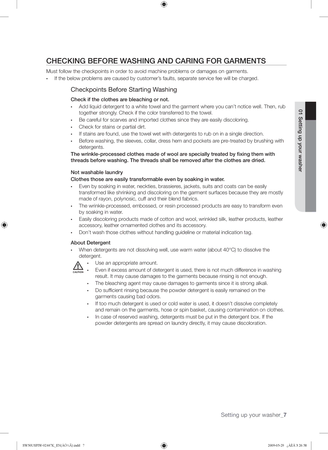 Samsung SW50USP user manual Checking Before Washing and Caring for Garments, Checkpoints Before Starting Washing 