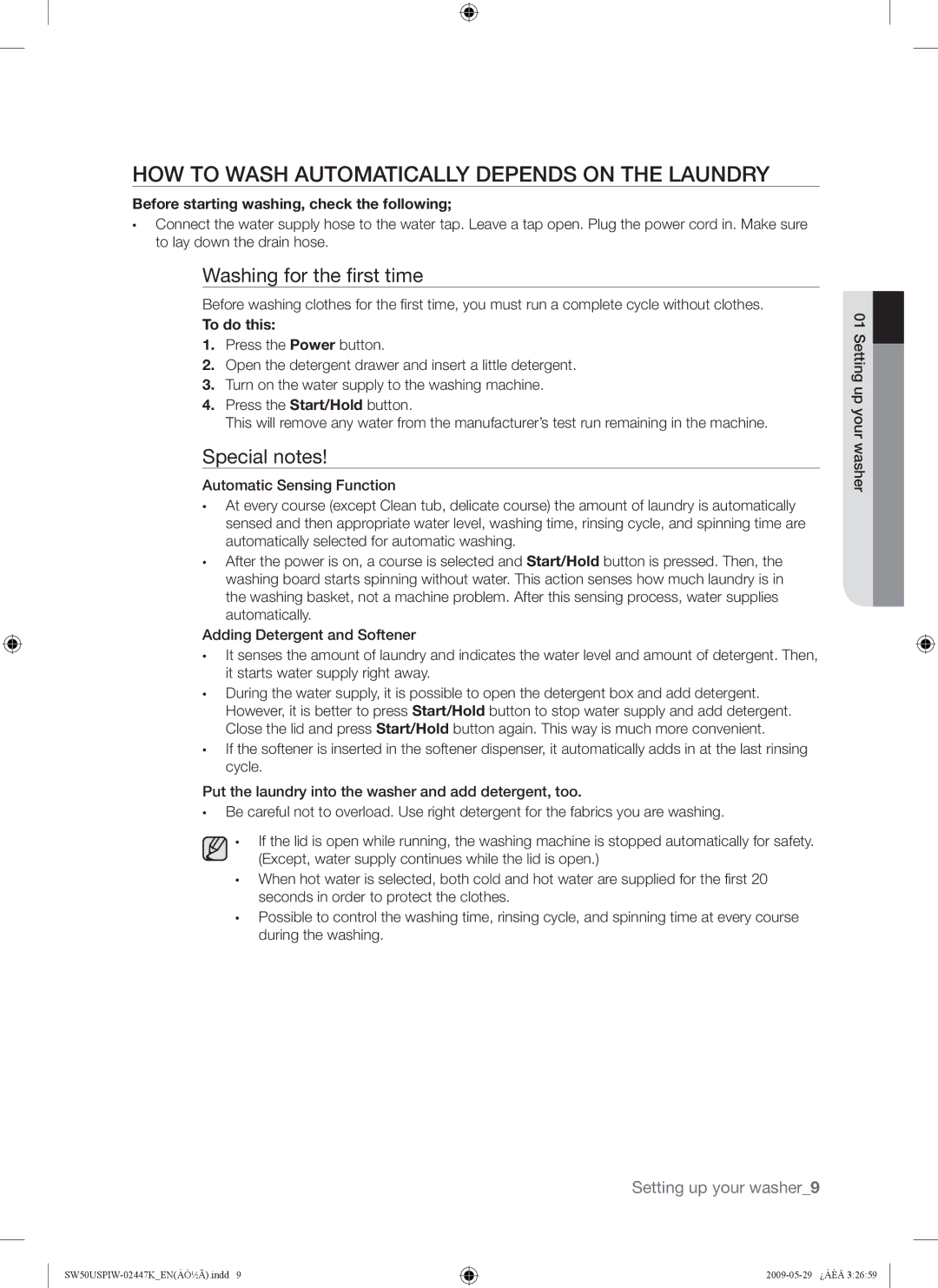 Samsung SW50USP user manual HOW to Wash Automatically Depends on the Laundry, Before starting washing, check the following 