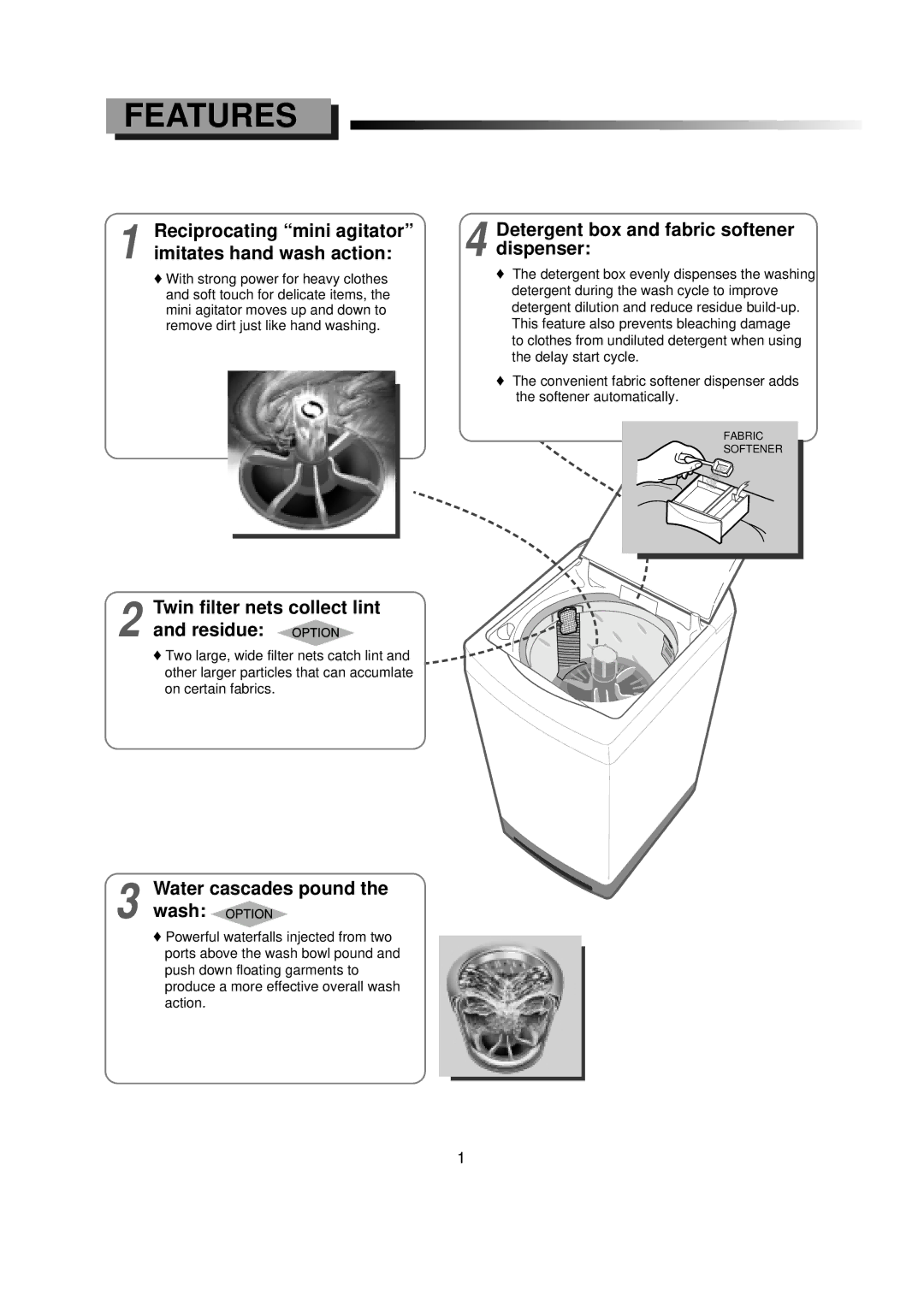 Samsung SW55APP2 manual Features, Reciprocating mini agitator imitates hand wash action 