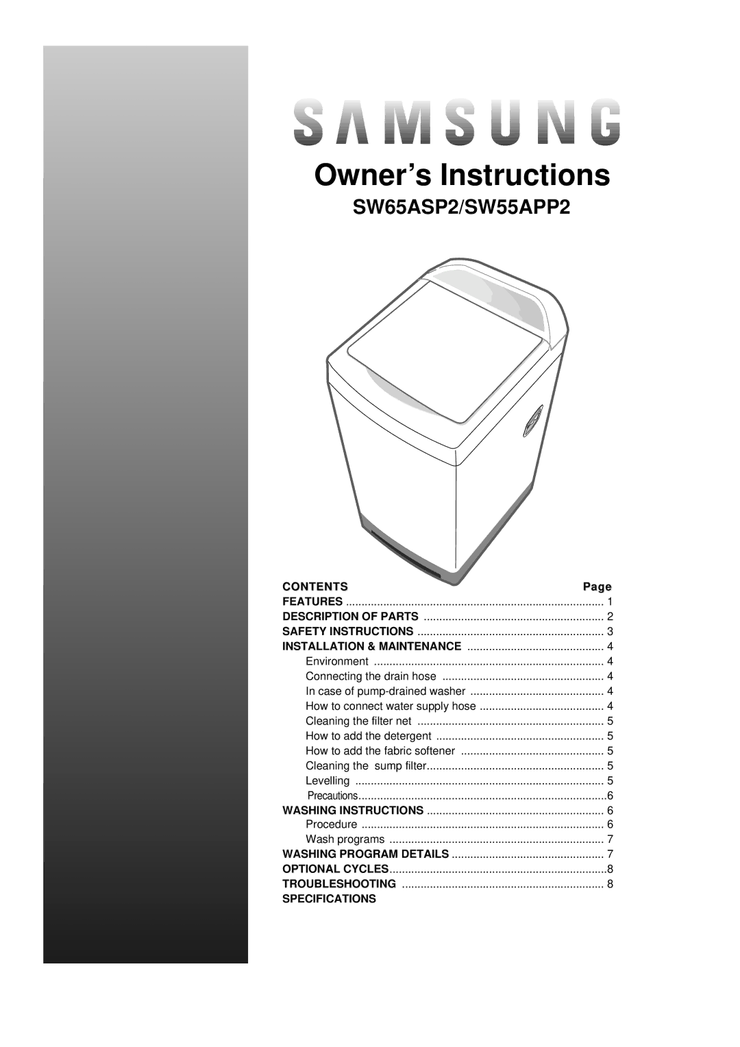 Samsung SW55APP2 manual Owner’s Instructions 