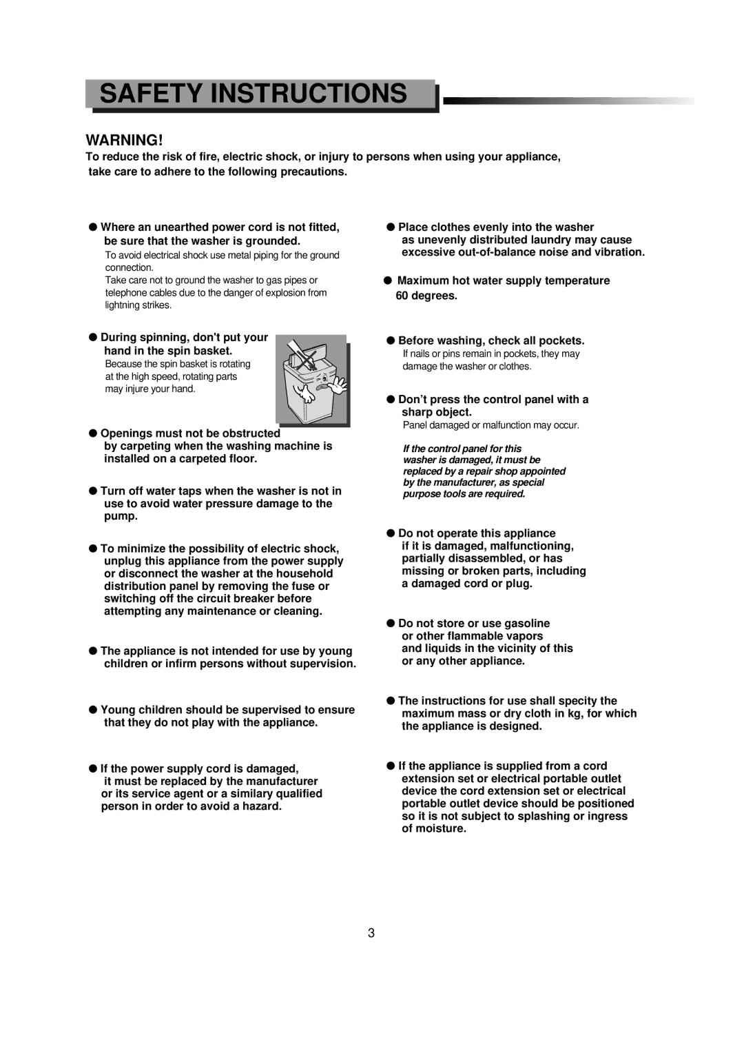 Samsung SW55APP2 manual Safety Instructions, Panel damaged or malfunction may occur 