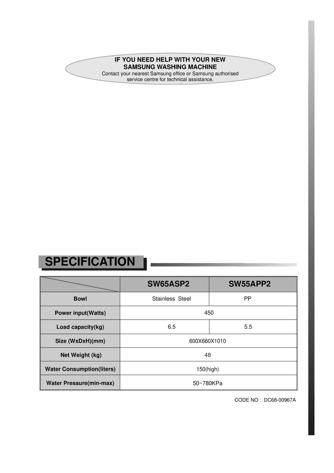 Samsung SW55APP2 manual Specification, If YOU Need Help with Your NEW Samsung Washing Machine 