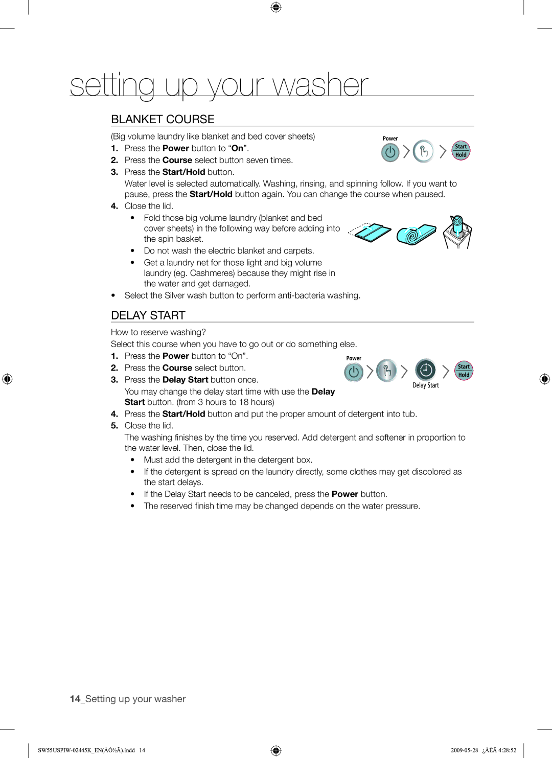 Samsung SW55USP user manual Blanket Course, Delay Start 