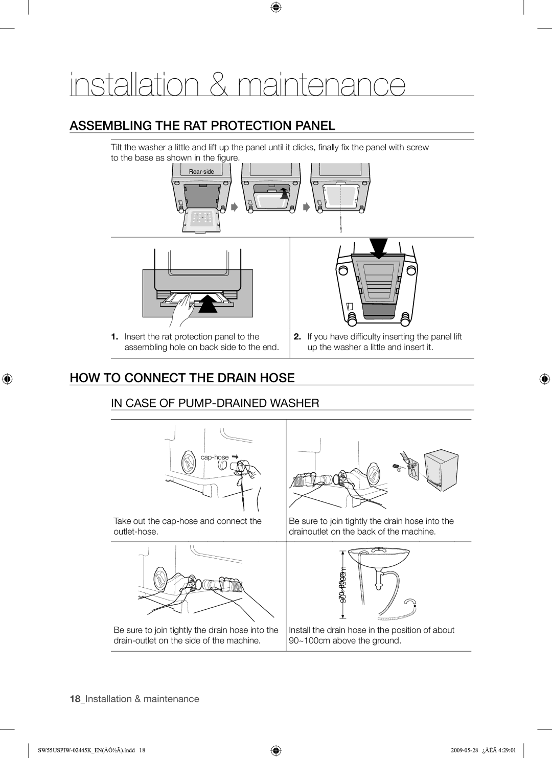 Samsung SW55USP user manual Assembling the RAT Protection Panel, HOW to Connect the Drain Hose, Case of PUMP-DRAINED Washer 