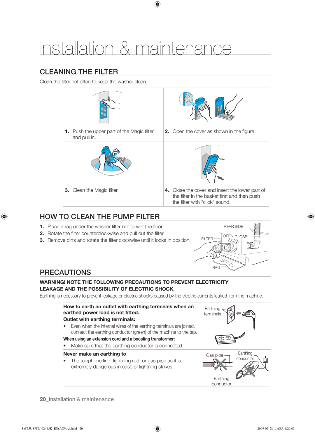 Samsung SW55USP user manual Cleaning the Filter, HOW to Clean the Pump Filter, Precautions 