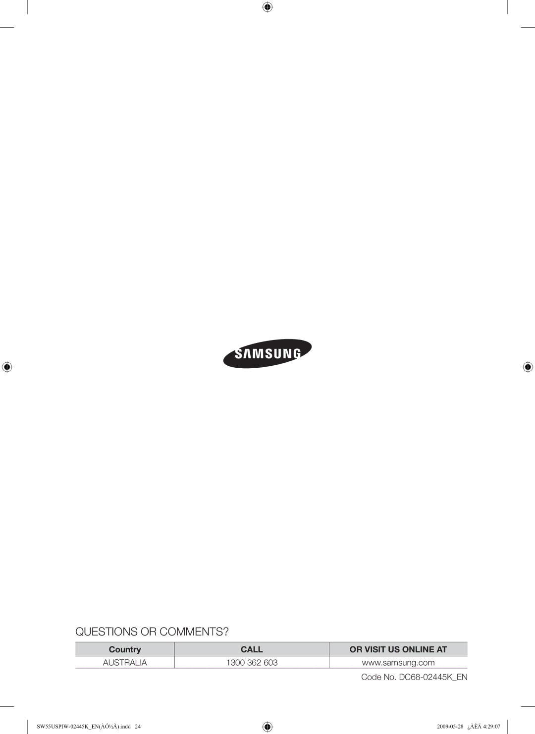 Samsung SW55USP user manual Questions or COMMENTS?, Country, Call Or Visit US Online AT 