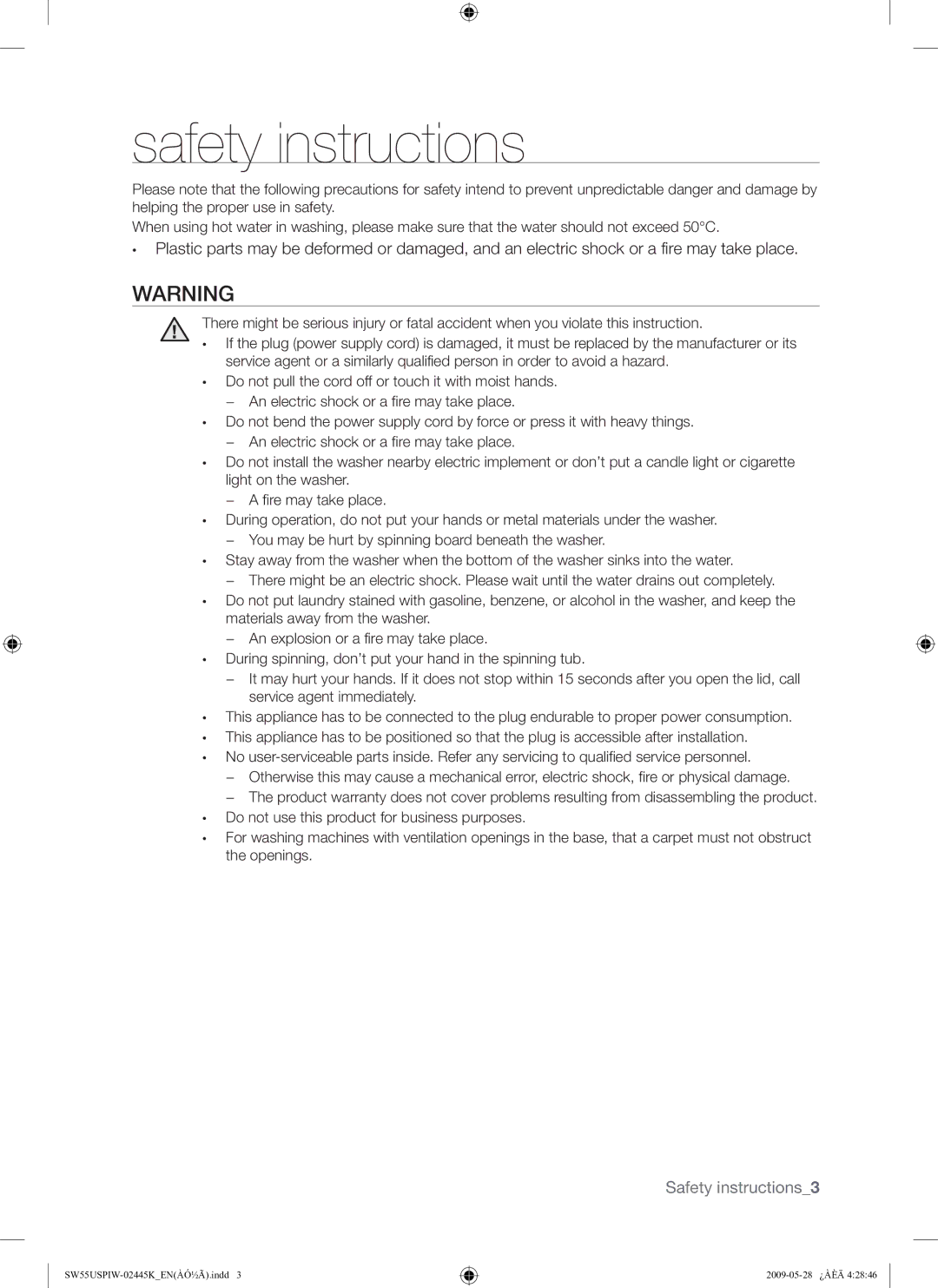 Samsung SW55USP user manual Safety instructions 