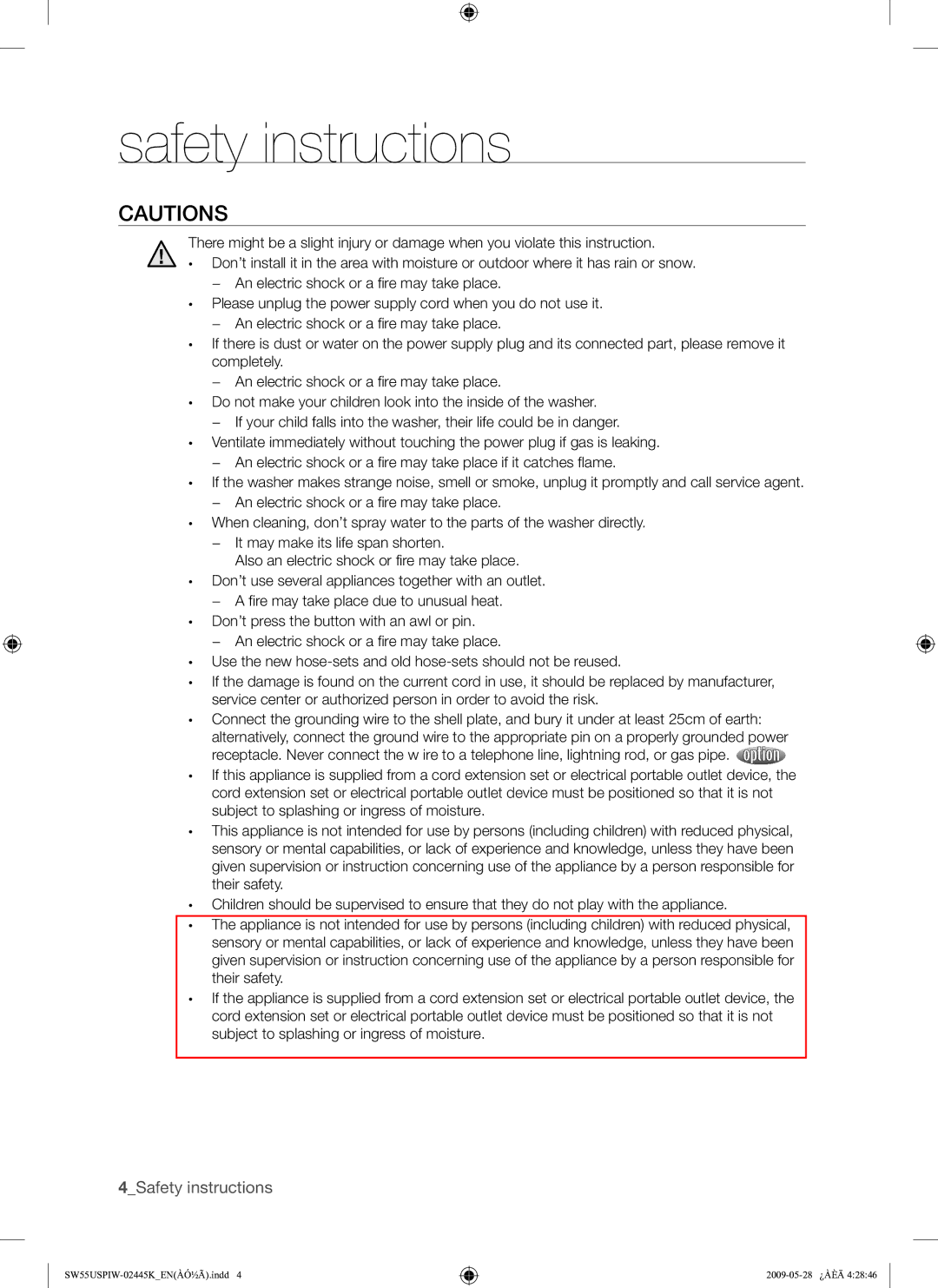 Samsung SW55USP user manual 4Safety instructions 