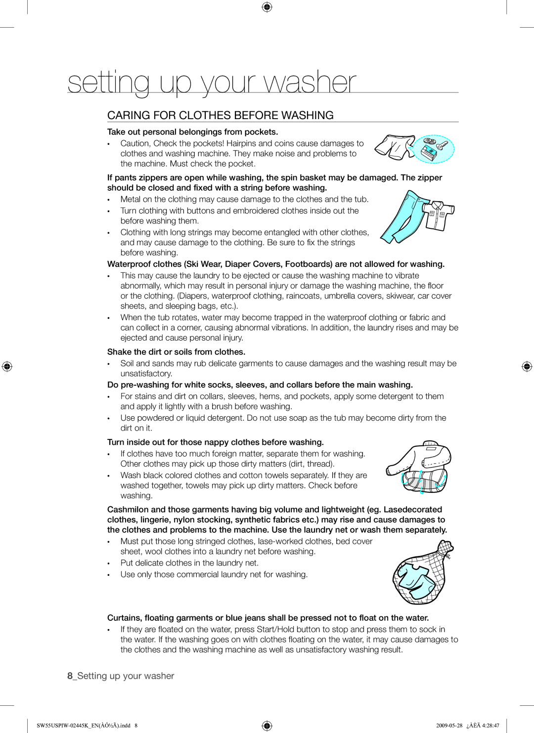 Samsung SW55USP user manual Caring for Clothes Before Washing 