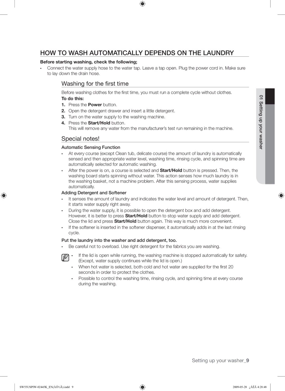 Samsung SW55USP HOW to Wash Automatically Depends on the Laundry, Before starting washing, check the following, To do this 