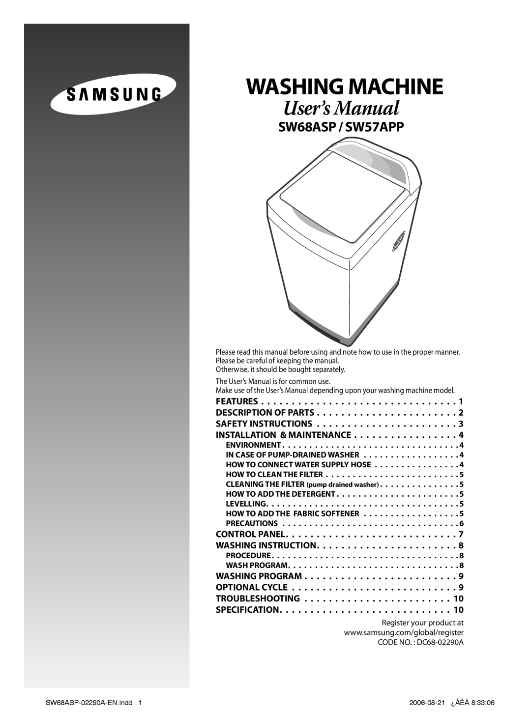 Samsung SW68ASP, SW57APP user manual Control Panel Washing Instruction 