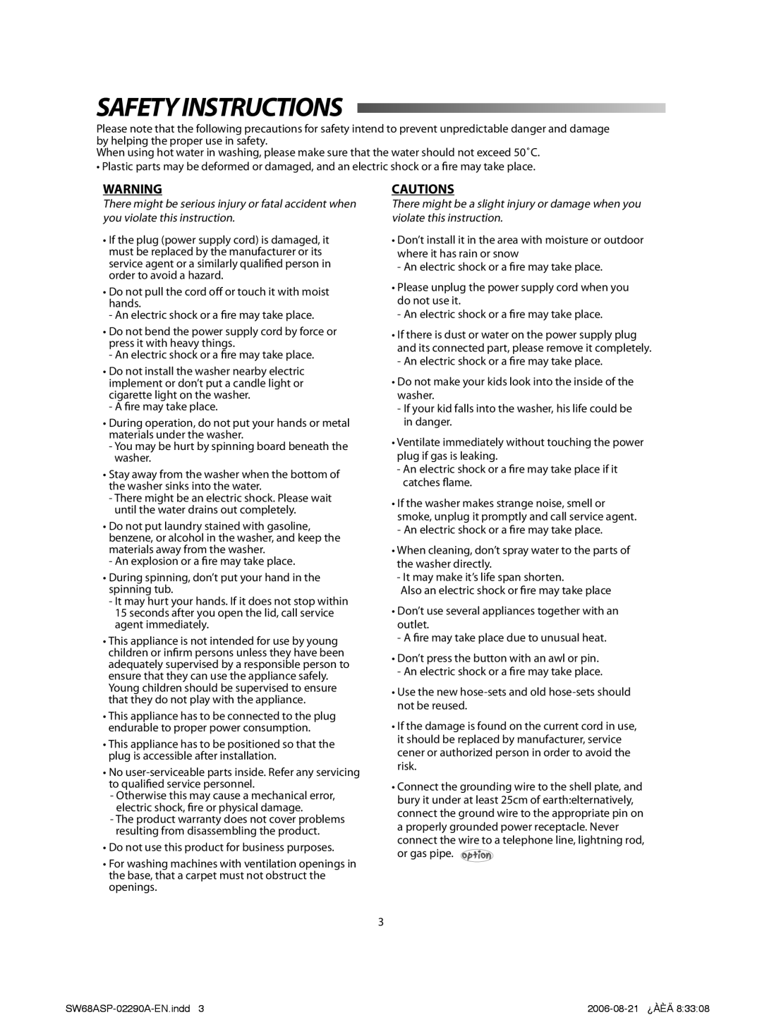 Samsung SW57APP, SW68ASP user manual Safetyinstructions 