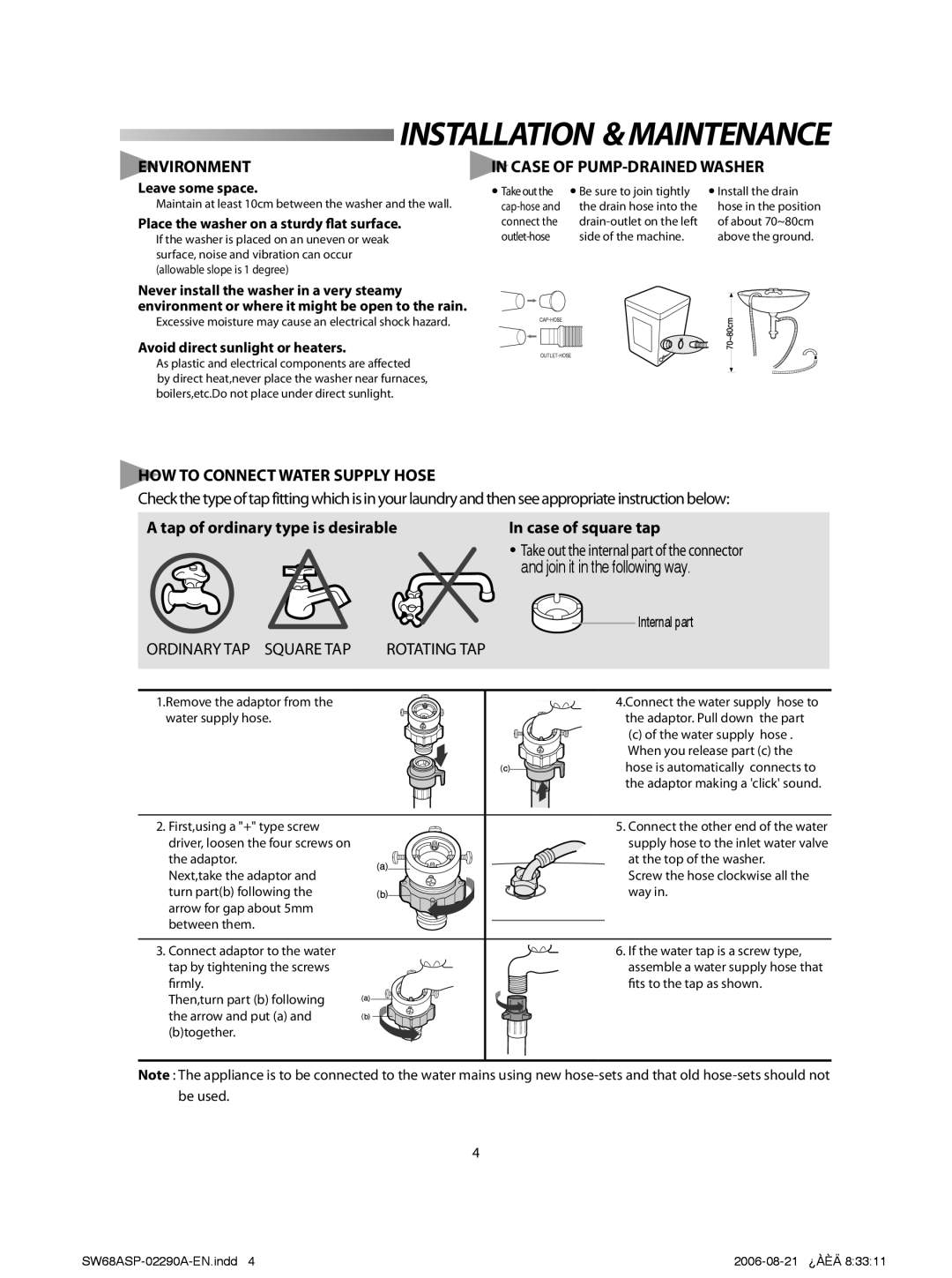 Samsung SW68ASP Installation &MAINTENANCE, Environment, Case of PUMP-DRAINED Washer, HOW to Connect Water Supply Hose 