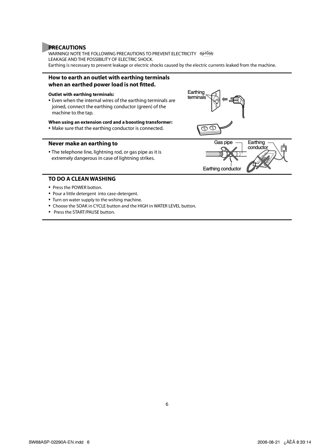 Samsung SW68ASP, SW57APP Precautions, Never make an earthing to, To do a Clean Washing, Outlet with earthing terminals 