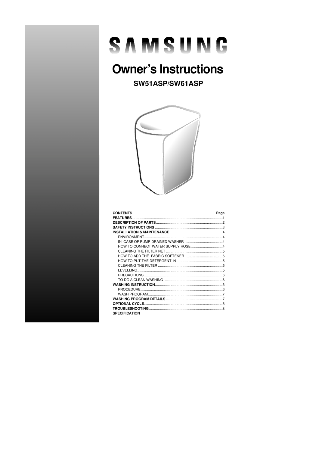 Samsung SW51ASP, SW61ASP manual Contents, Specification 