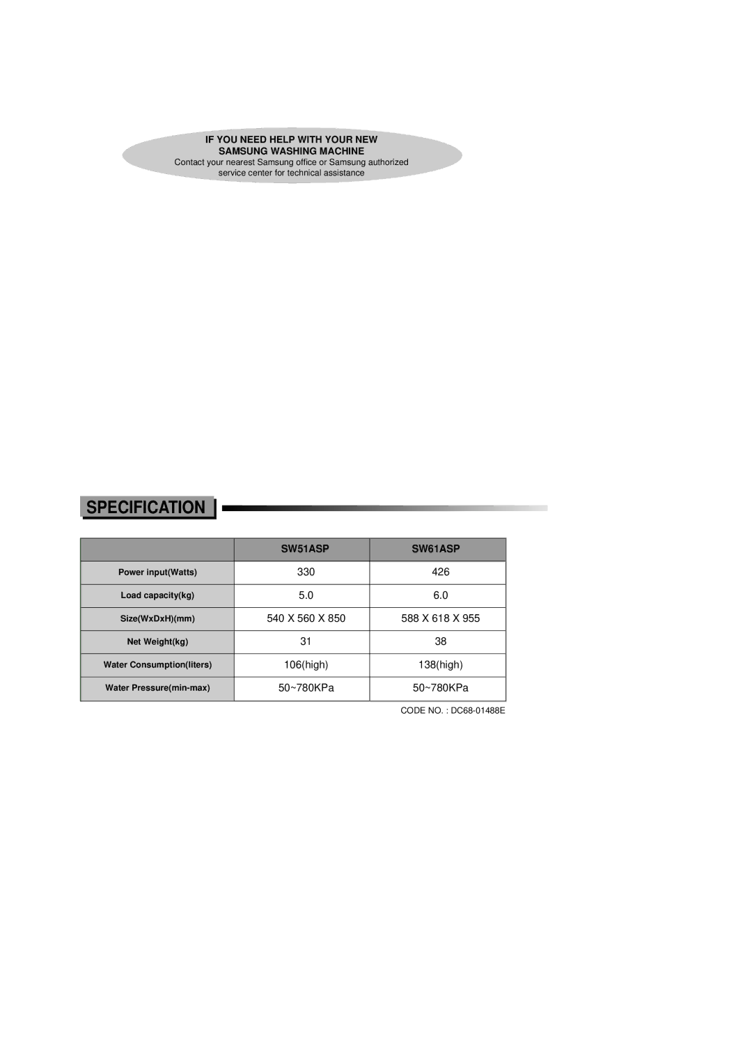 Samsung manual Specification, SW51ASP SW61ASP, If YOU Need Help with Your NEW Samsung Washing Machine 