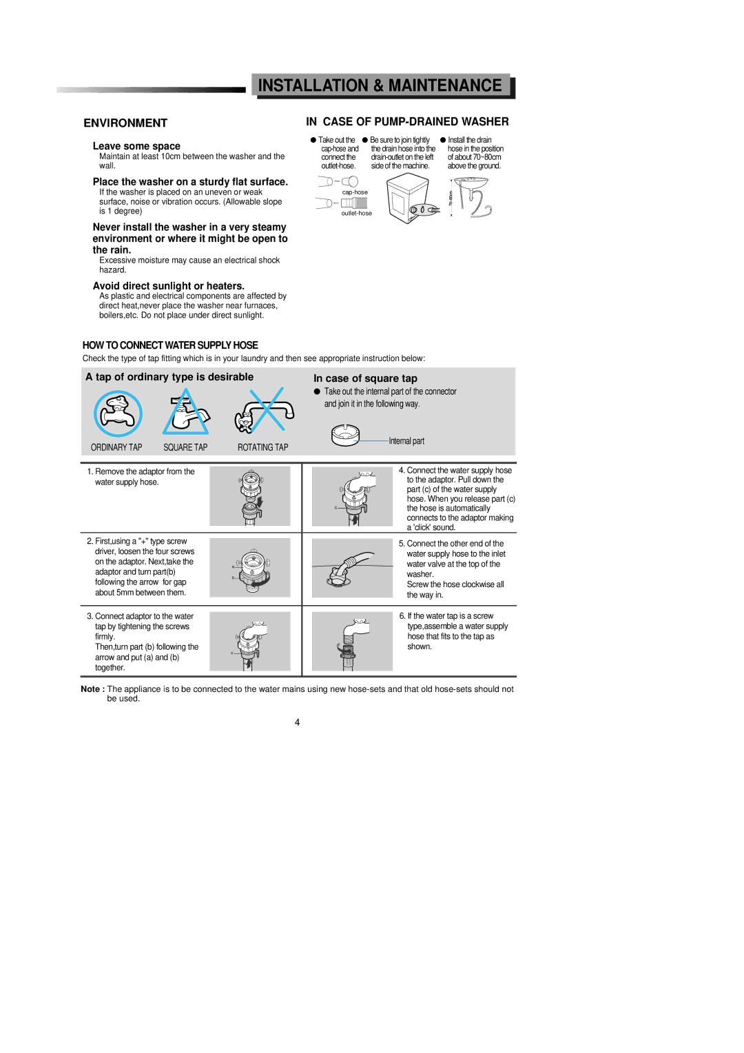 Samsung SW51ASP Installation & Maintenance, Environment, Case of PUMP-DRAINED Washer, HOW to Connect Water Supply Hose 