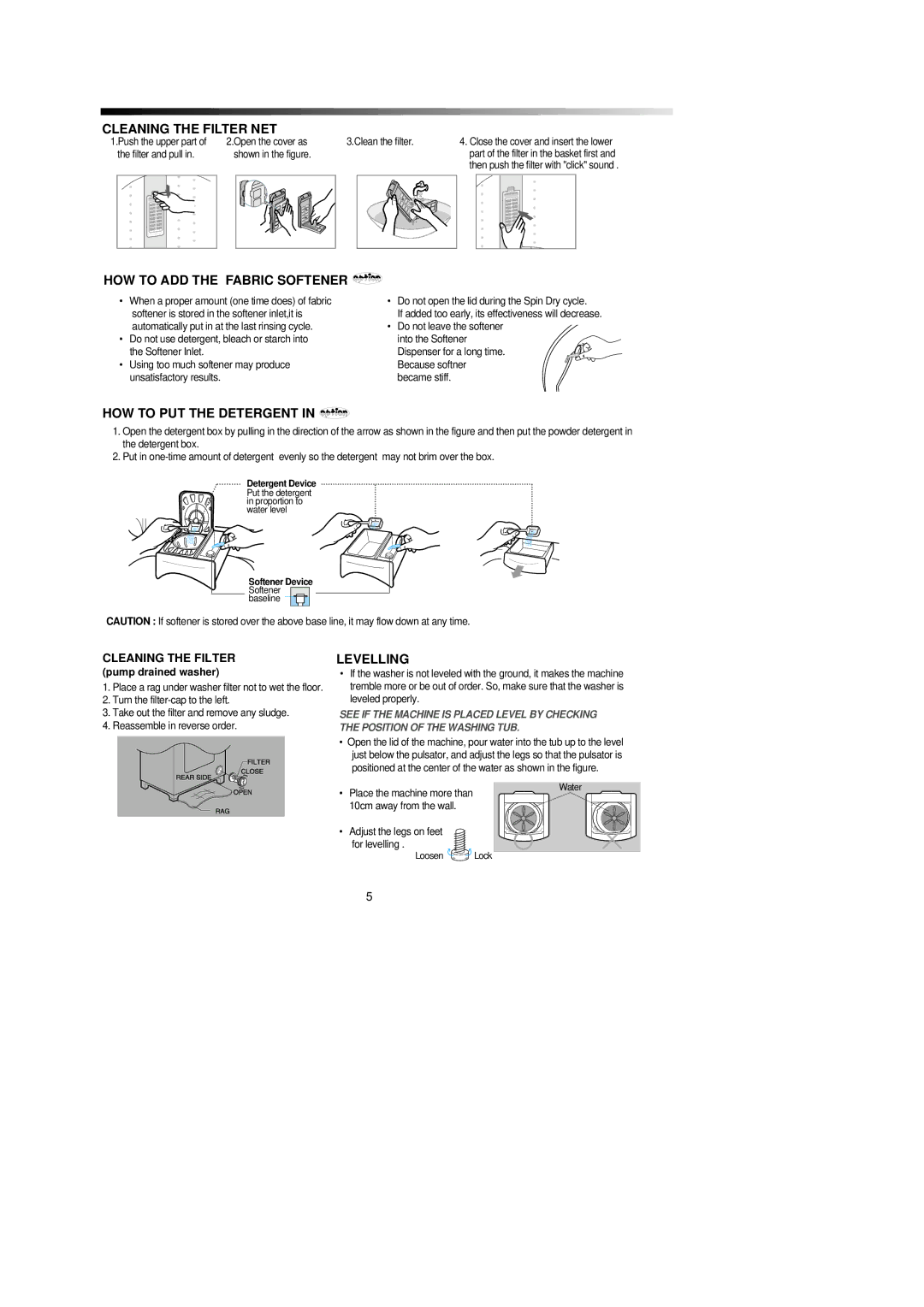 Samsung SW61ASP, SW51ASP manual Cleaning the Filter NET, HOW to ADD the Fabric Softener, HOW to PUT the Detergent, Levelling 