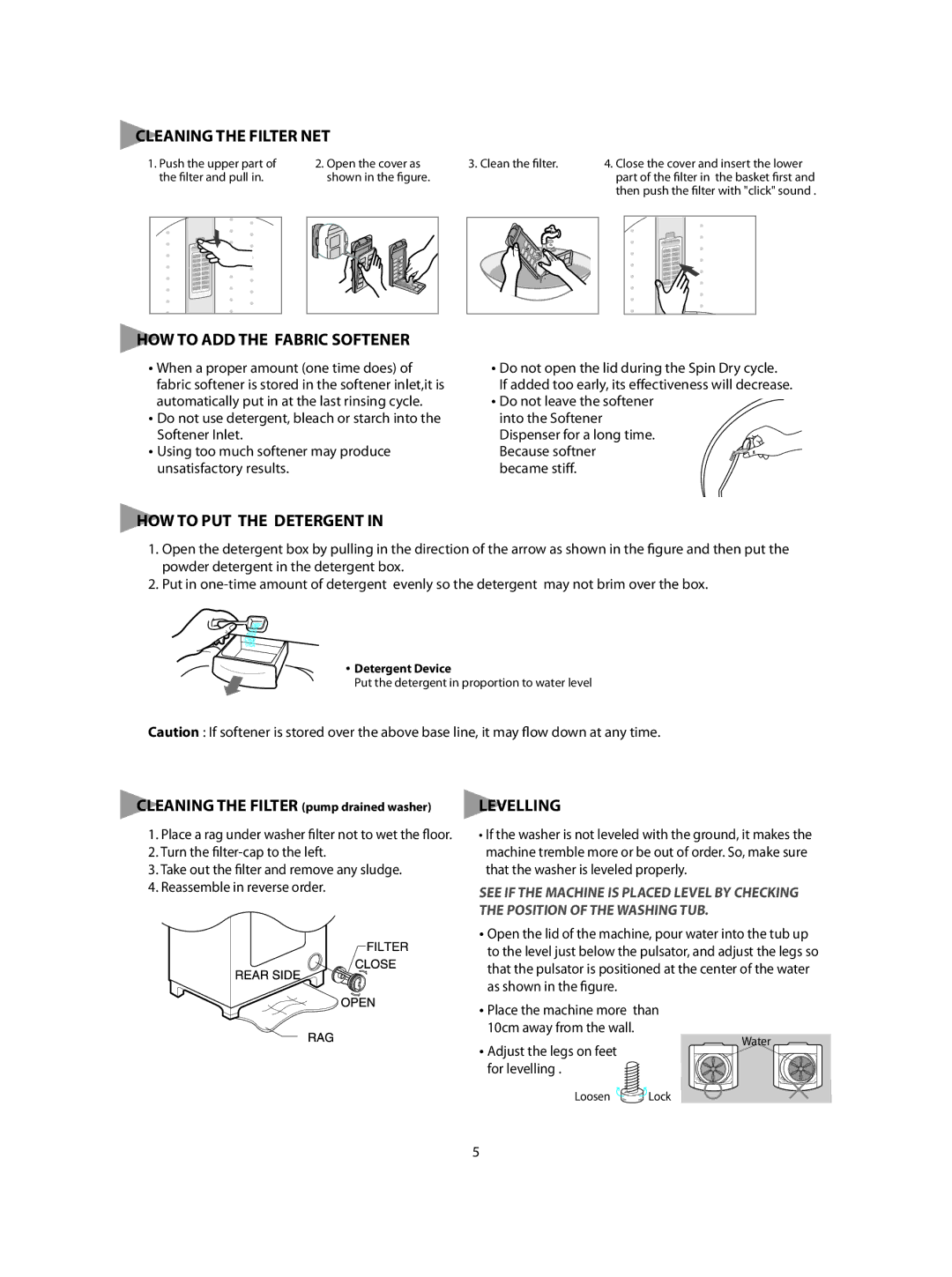 Samsung SW62ASP, SW52ASP user manual Cleaning the Filter NET, HOW to ADD the Fabric Softener, HOW to PUT the Detergent 